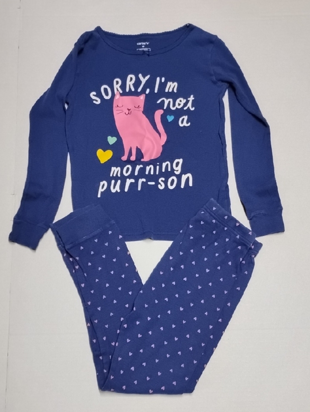 Carter's Navy Blue Pajama Set with Pink Cat Graphic Size 8